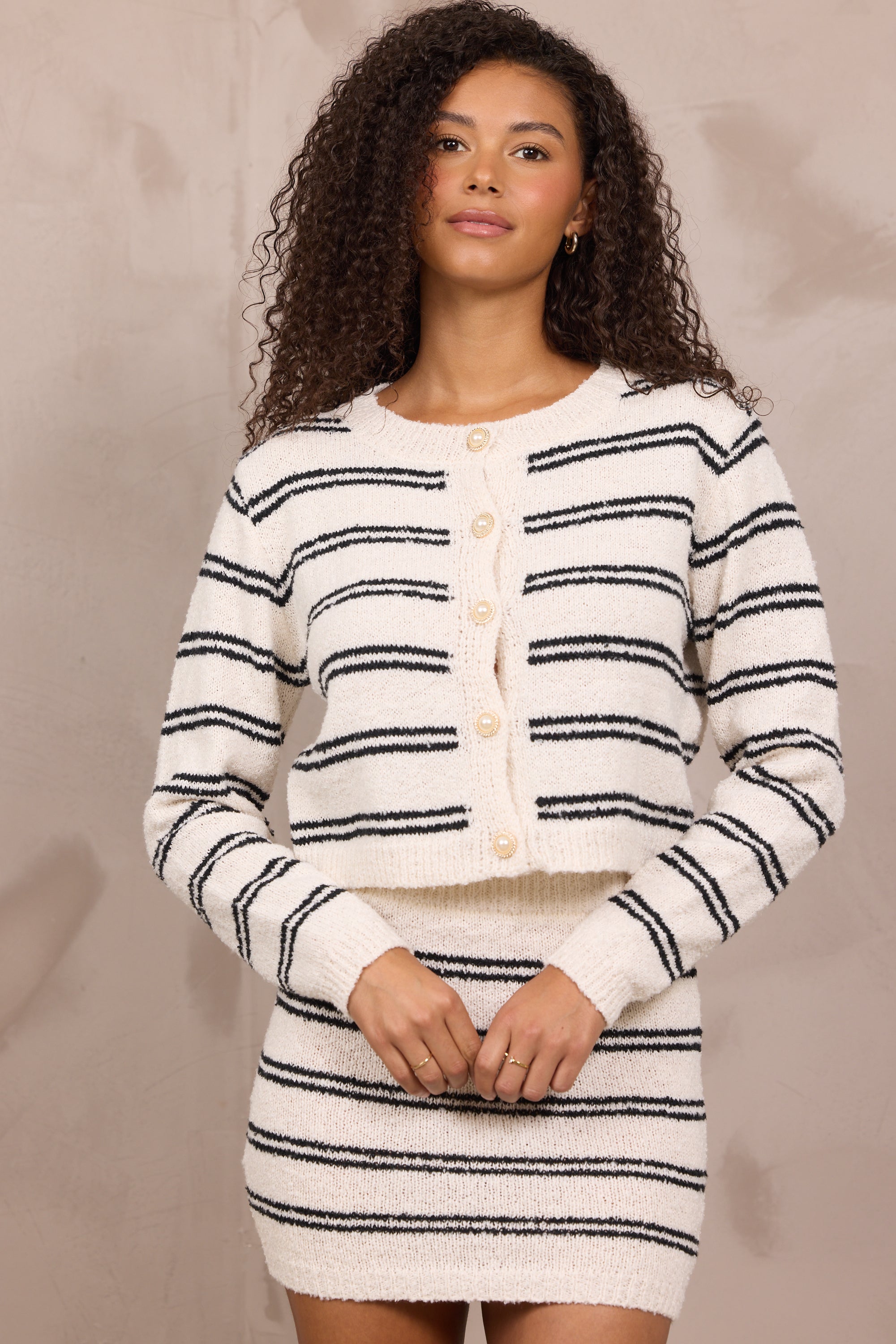 Stripe Knit Cardigan Sweater & Skirt Set