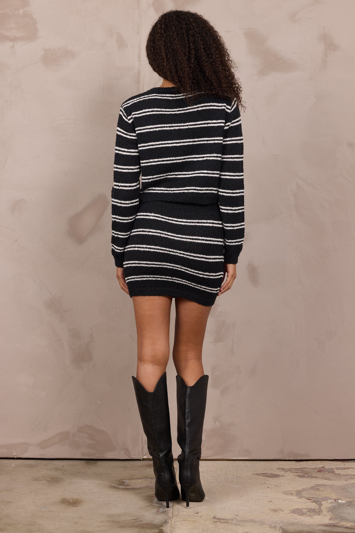 Stripe Knit Cardigan Sweater & Skirt Set - Black w/ white