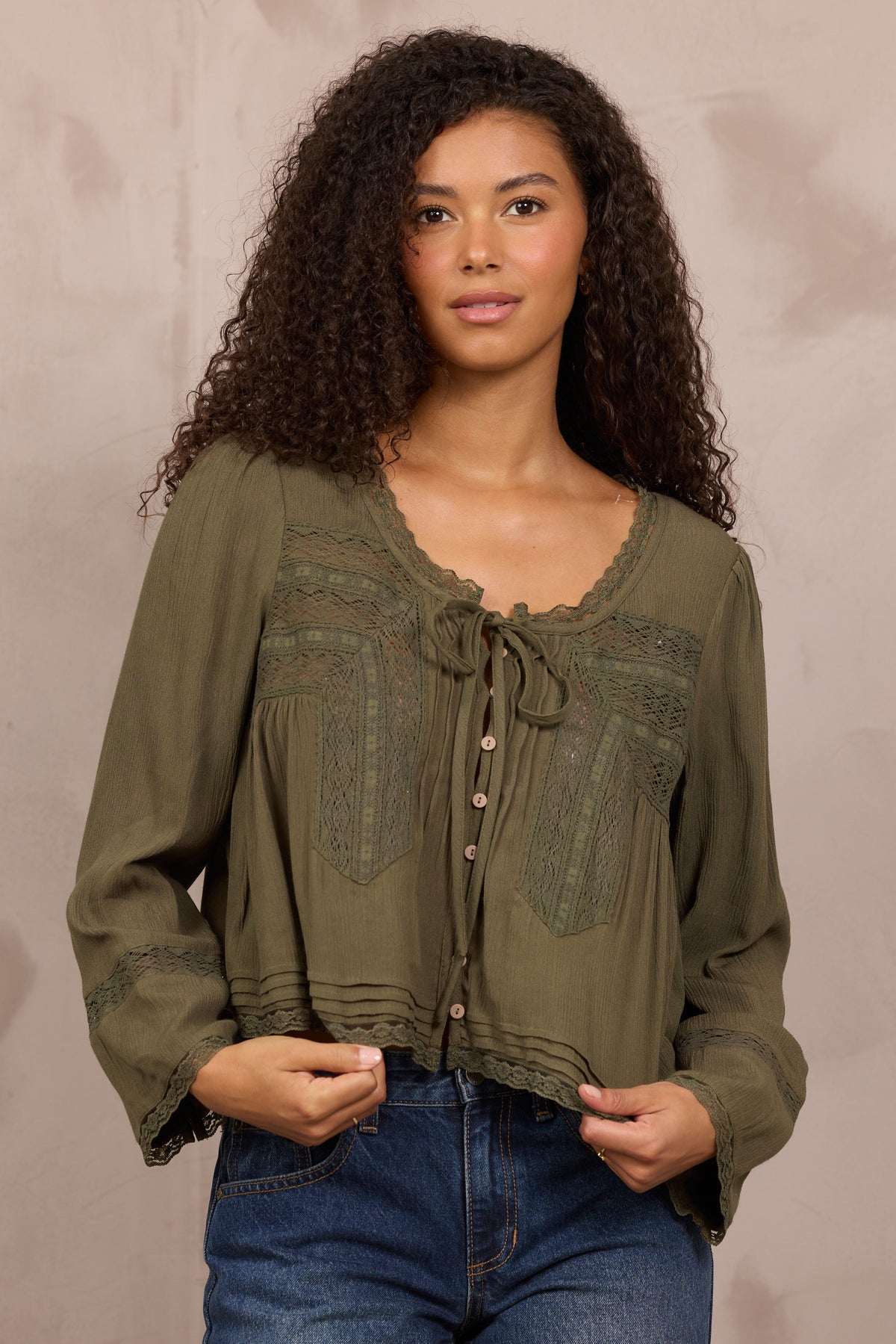 OLIVE LONG SLEEVE BLOUSE W/ LACE DETAIL