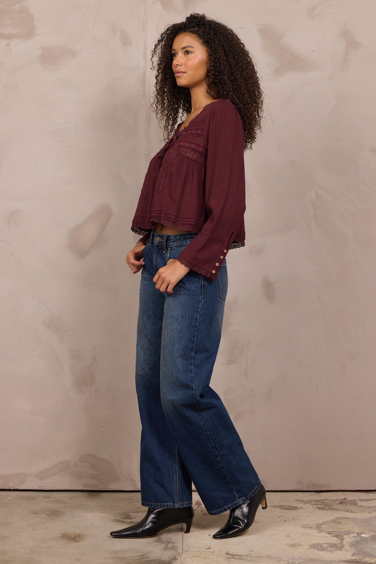 WINE LONG SLEEVE BLOUSE W/ LACE DETAIL