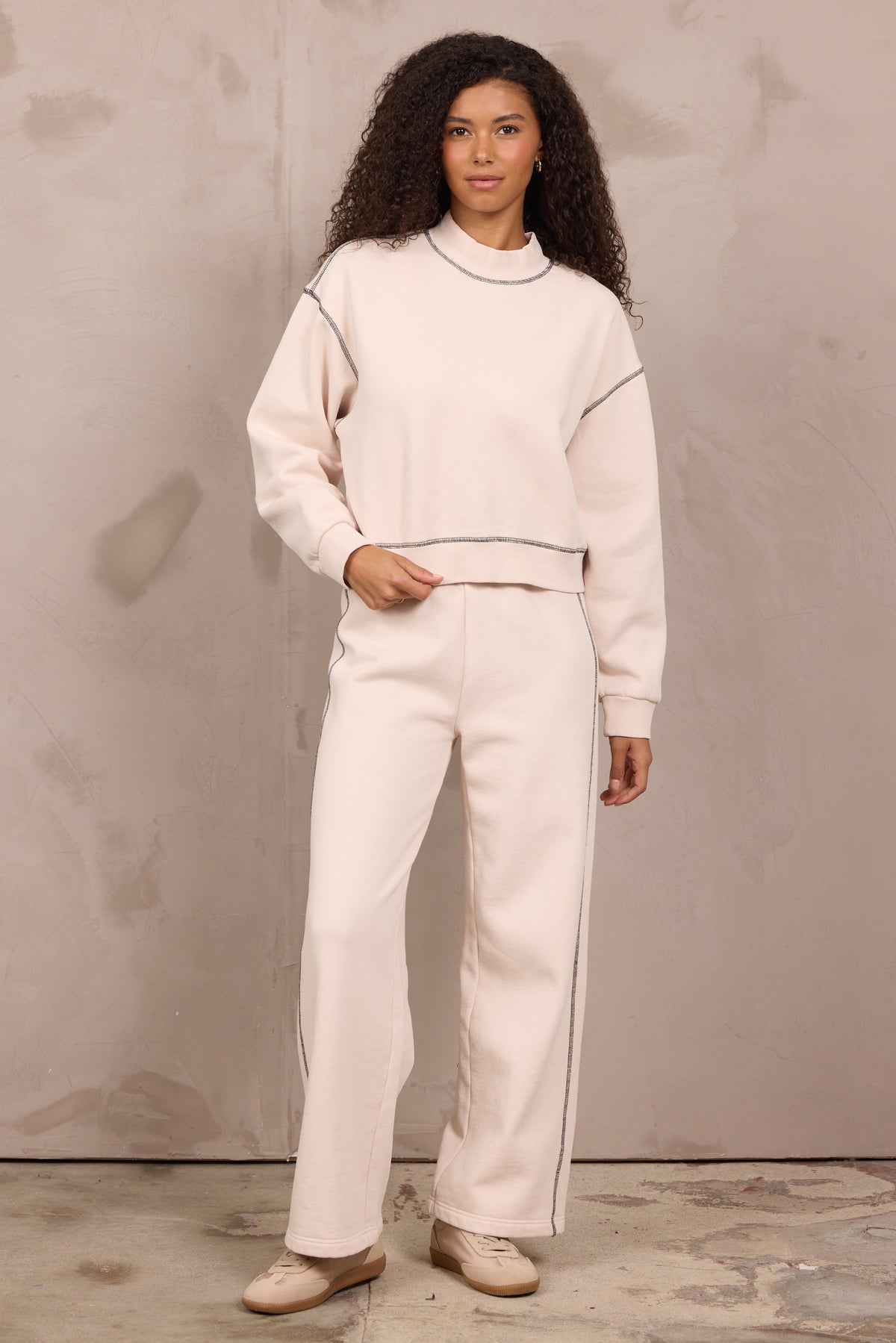 Garment Dye Mockneck 2-Piece Set in Pearl w/ Black