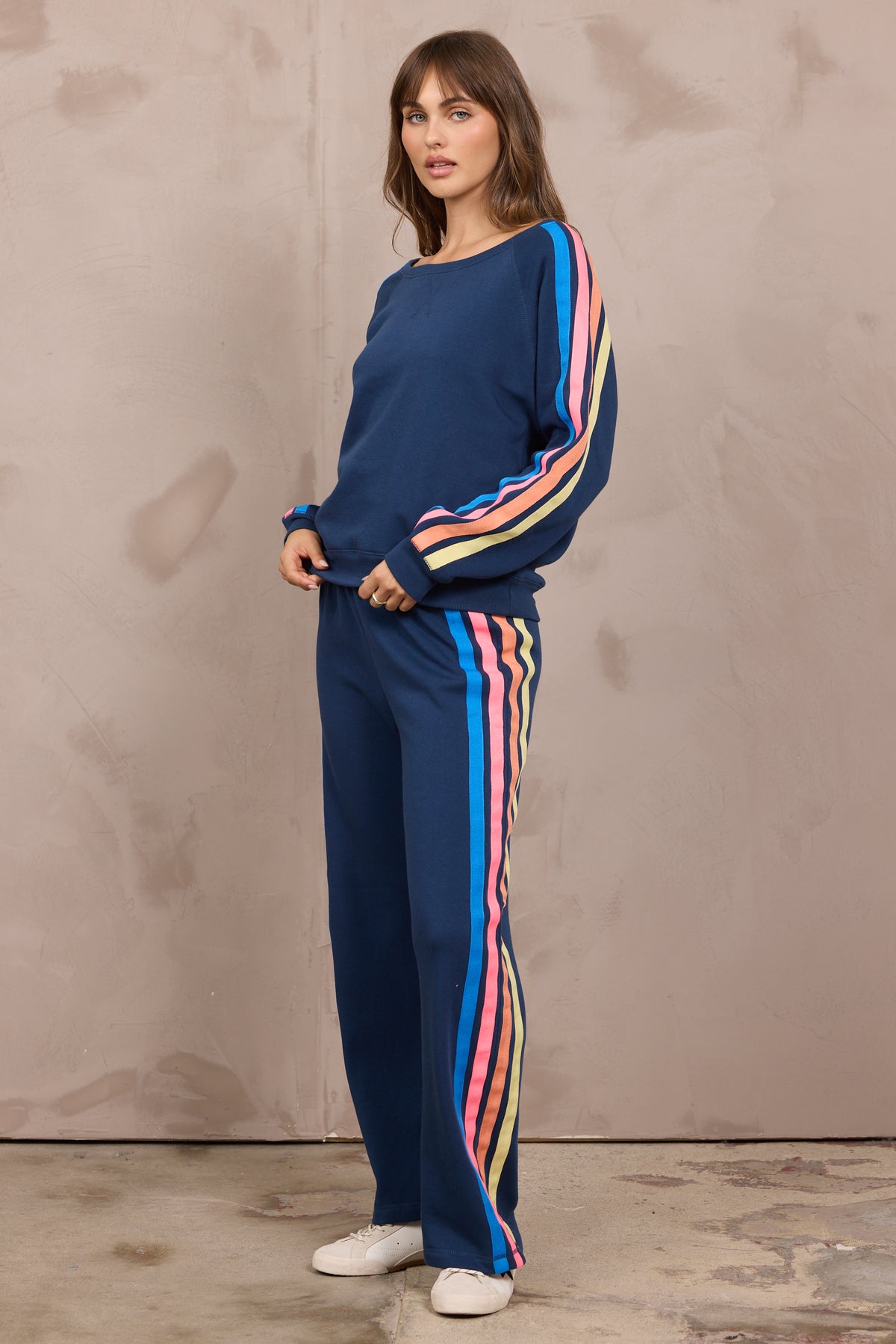 Stripe Heather Fleece Off Shoulder 2-Piece Set