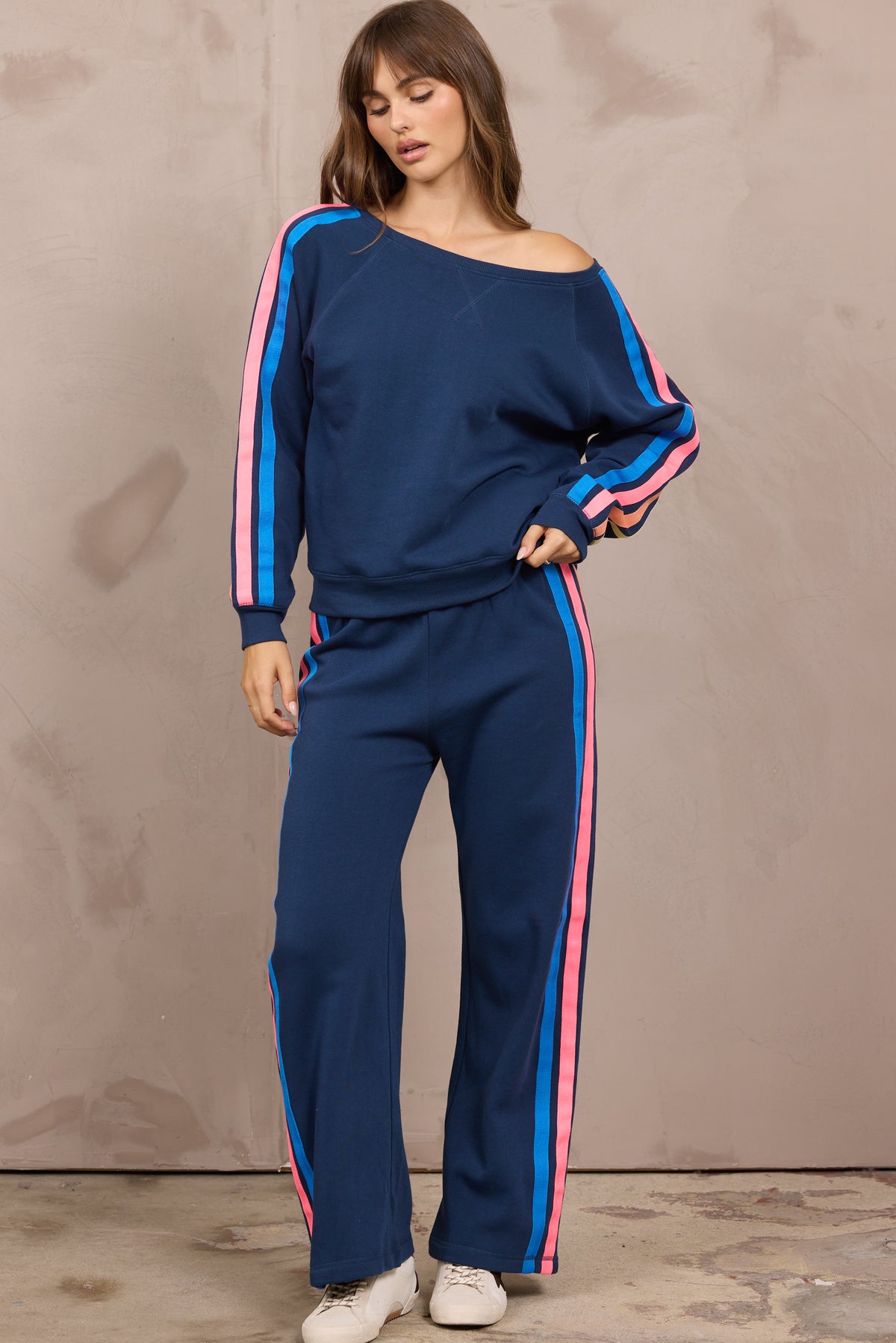 Stripe Heather Fleece Off Shoulder 2-Piece Set