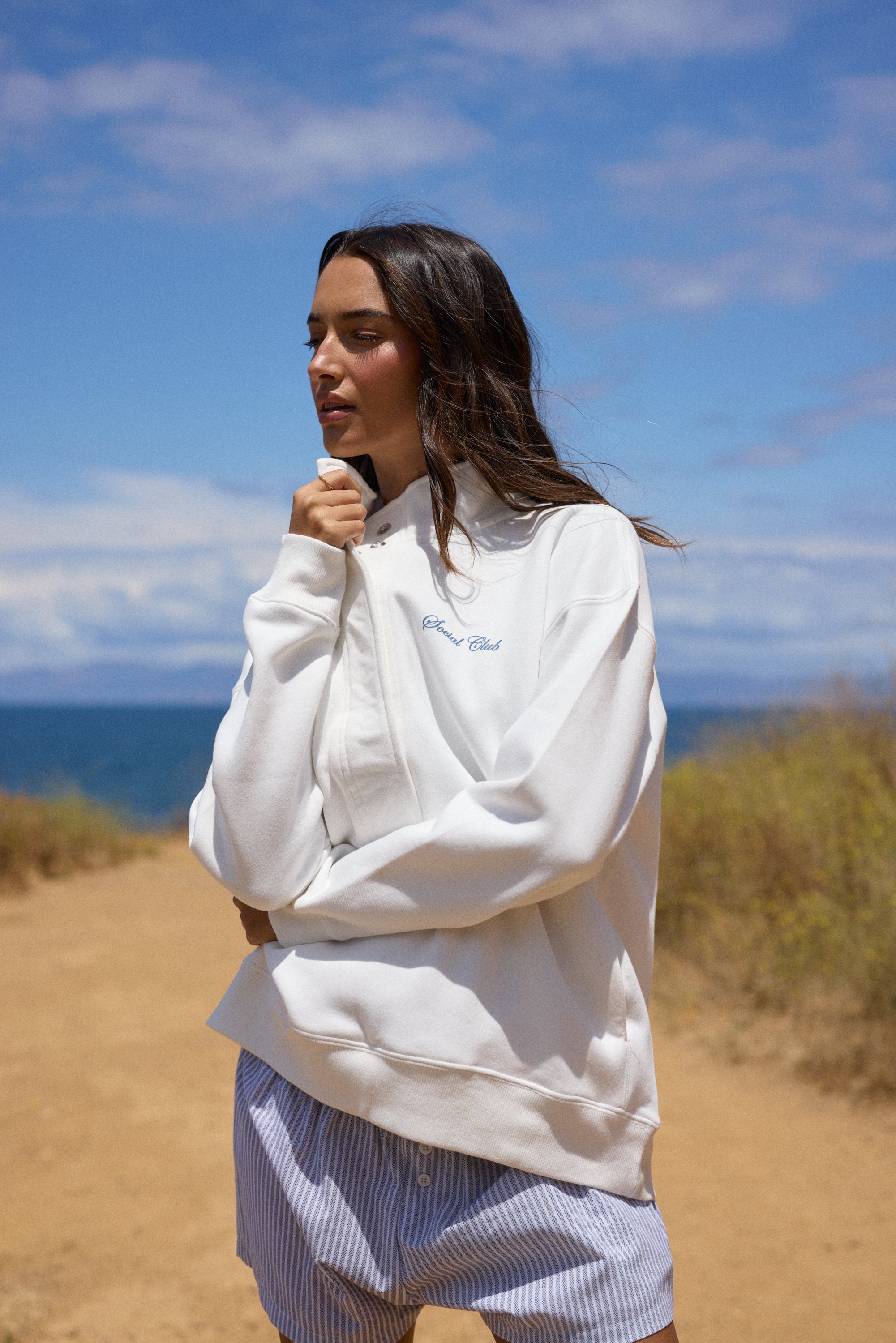 "Social Club" 3/4 Button Sweatshirt - Coconut
