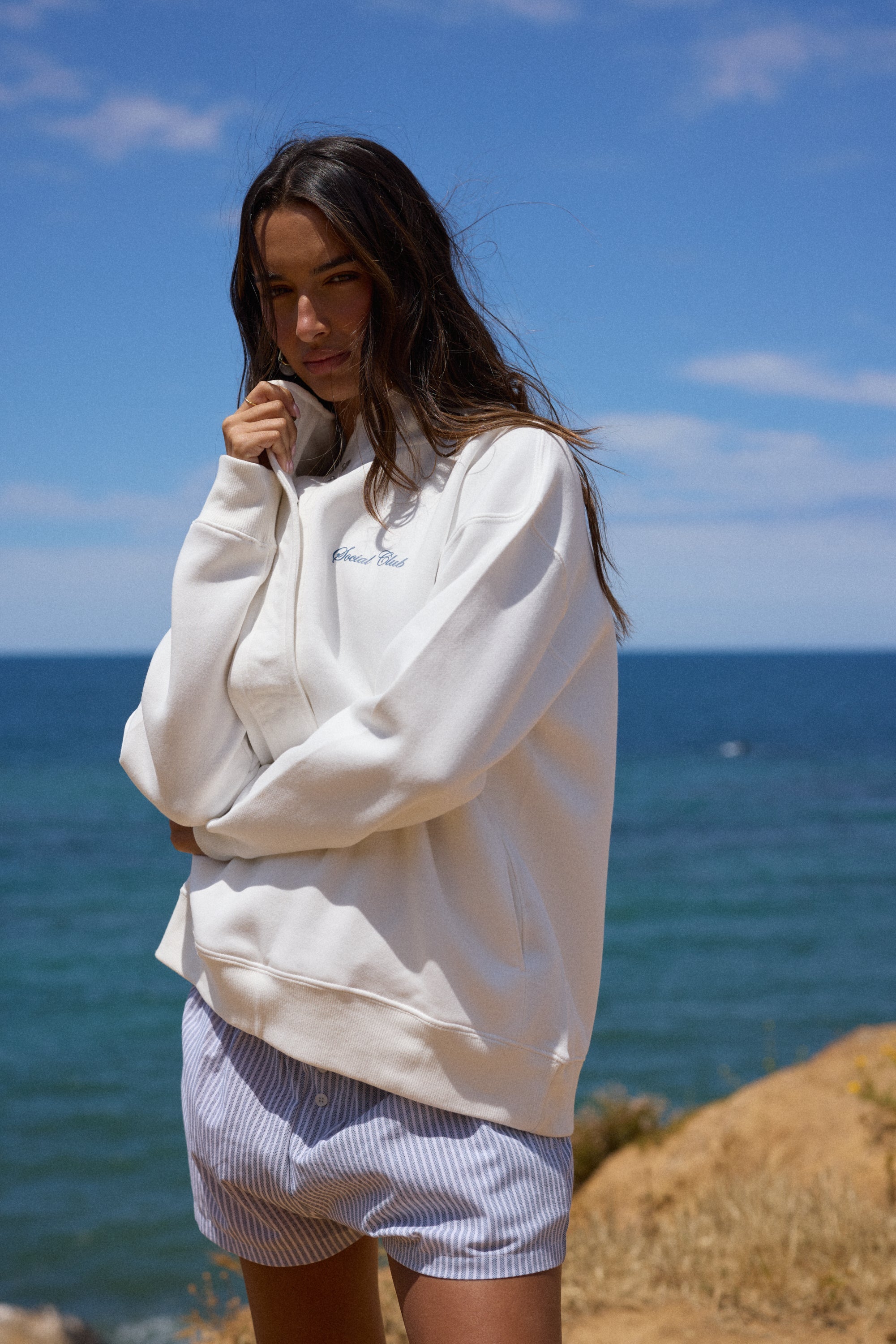 "Social Club" 3/4 Button Sweatshirt - Coconut