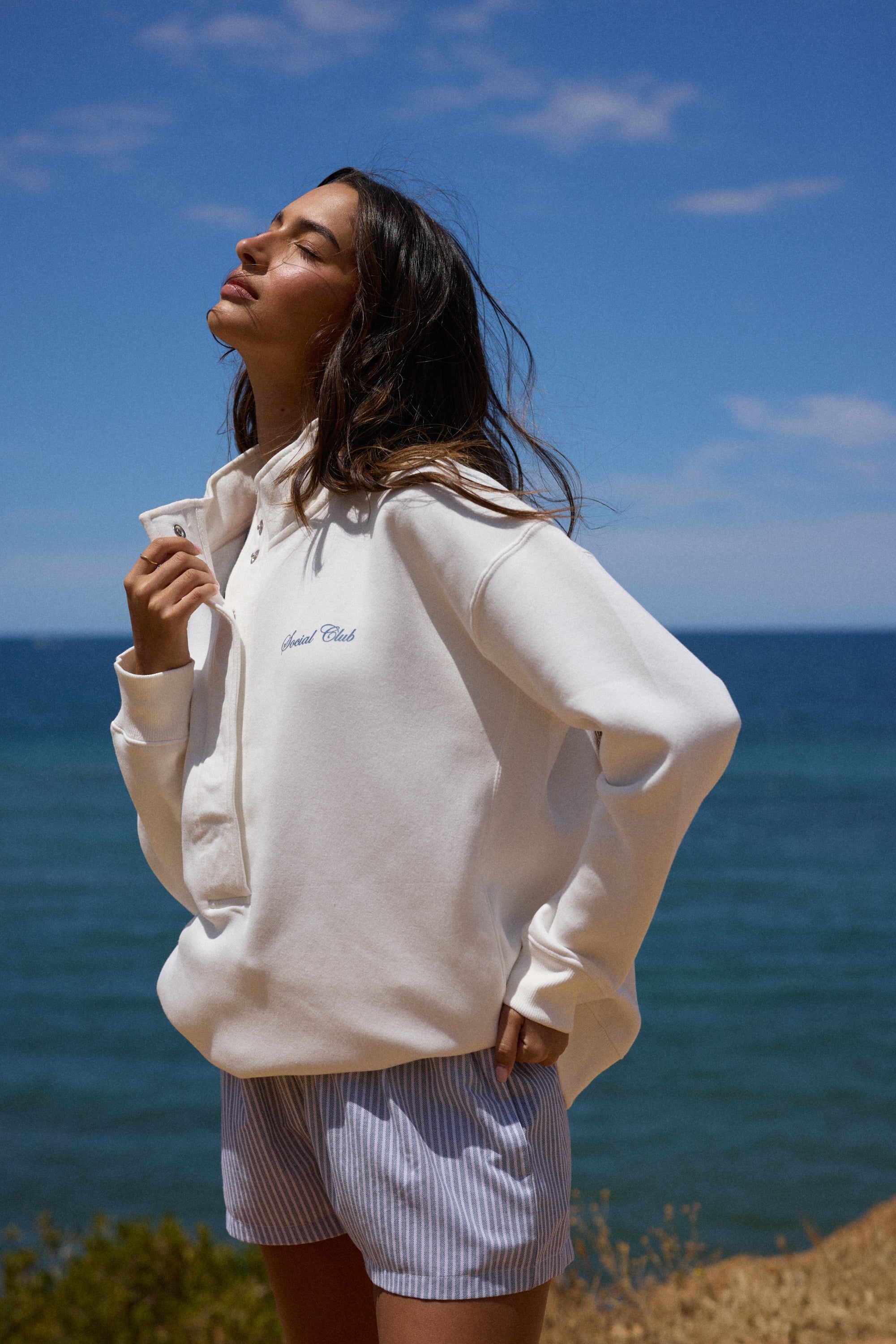 "Social Club" 3/4 Button Sweatshirt - Coconut