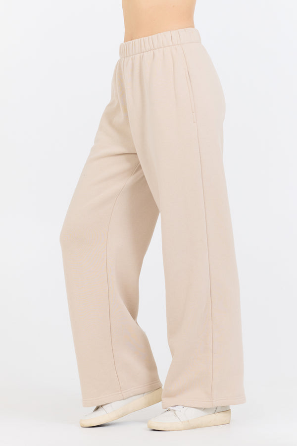 Vanilla Cream Cotton Blend Fleece Wide Leg Pant