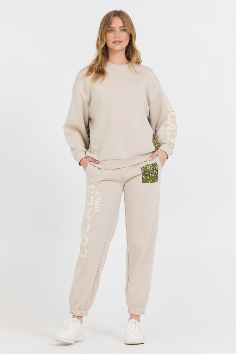 Neutral Taupe/ Olive/ Tan Bandana Patch Jogger