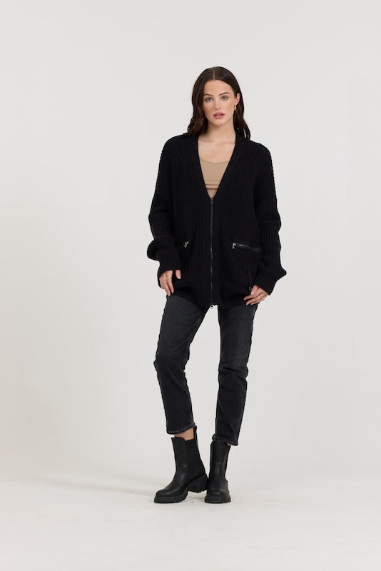 Black Long Zip Front Utility Cardigan