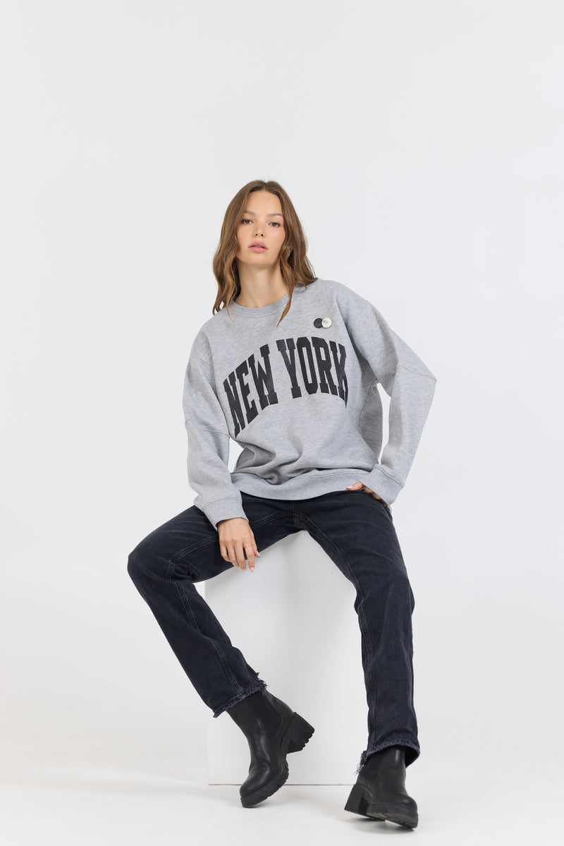 Heather Grey W/ Black Garment Dye Fleece Crew W/ Glitter Print