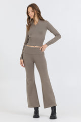 Olive Grey Slim Fit Knit Fold Over Flare Pant