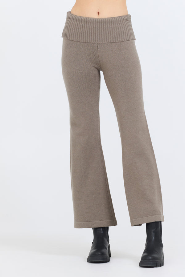 Olive Grey Slim Fit Knit Fold Over Flare Pant