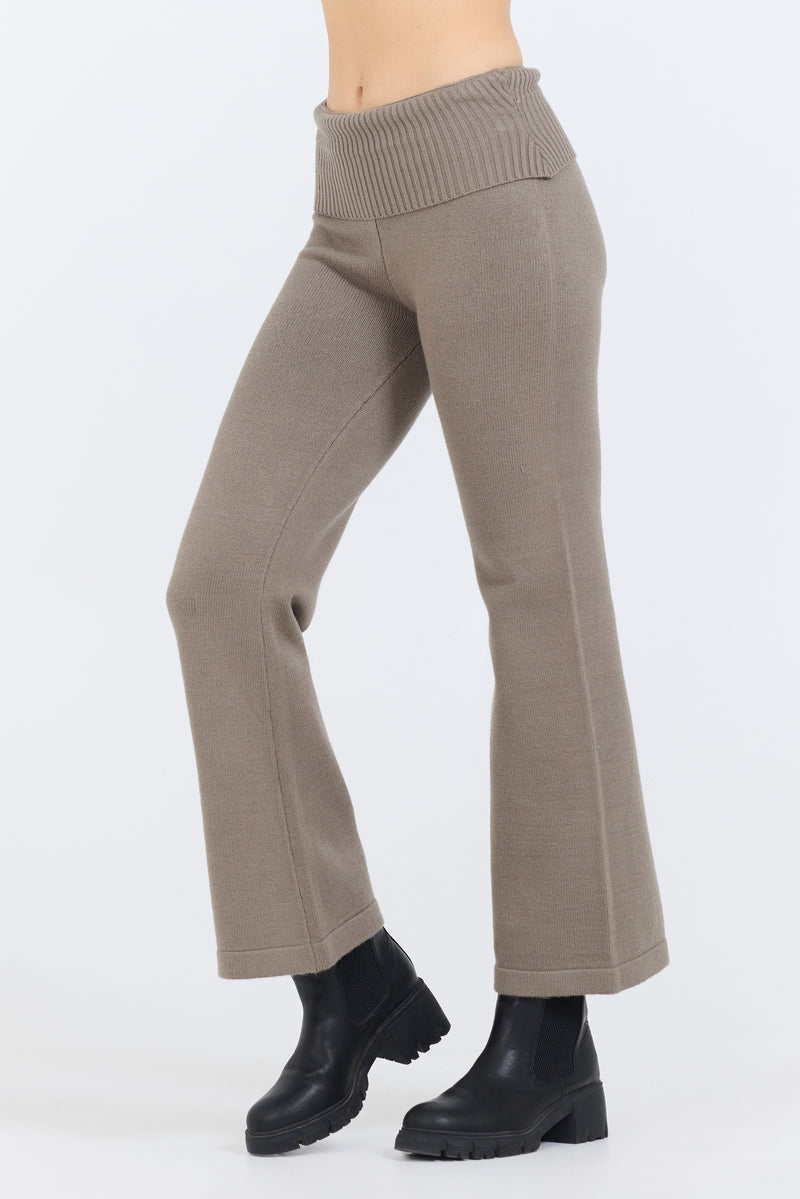 Olive Grey Slim Fit Knit Fold Over Flare Pant