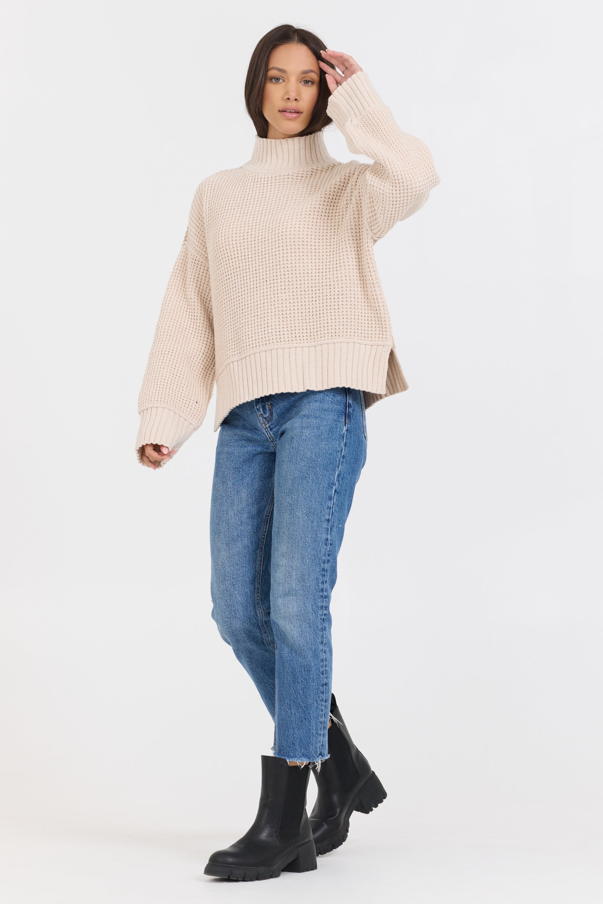 Oatmeal/Brown Sugar Combo Mockneck Two Tone Sweater