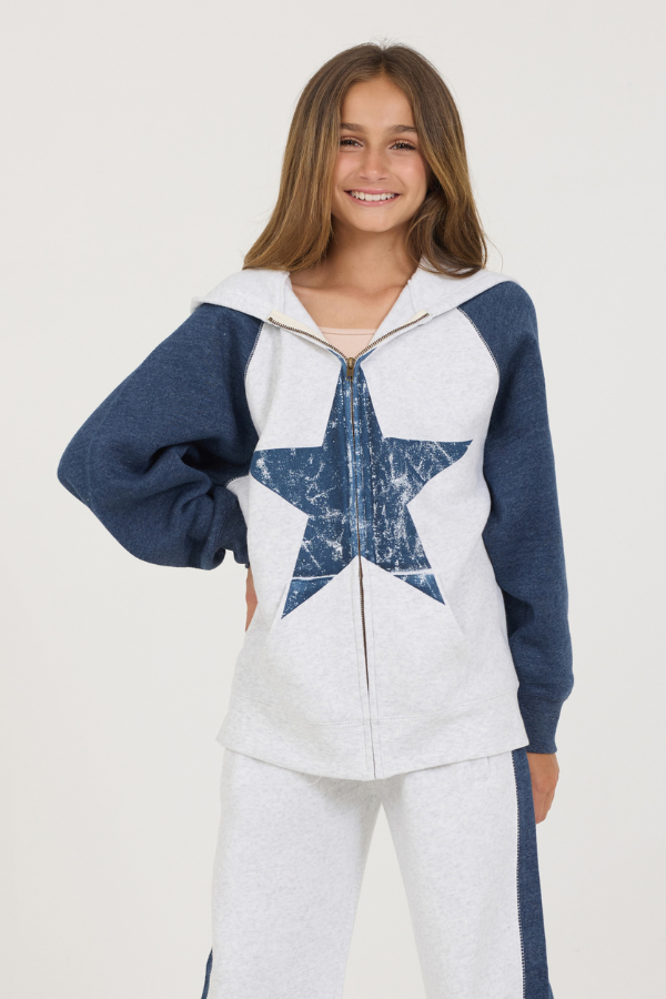 Kids Ash Grey Navy Color Block Oversized Star Hoody