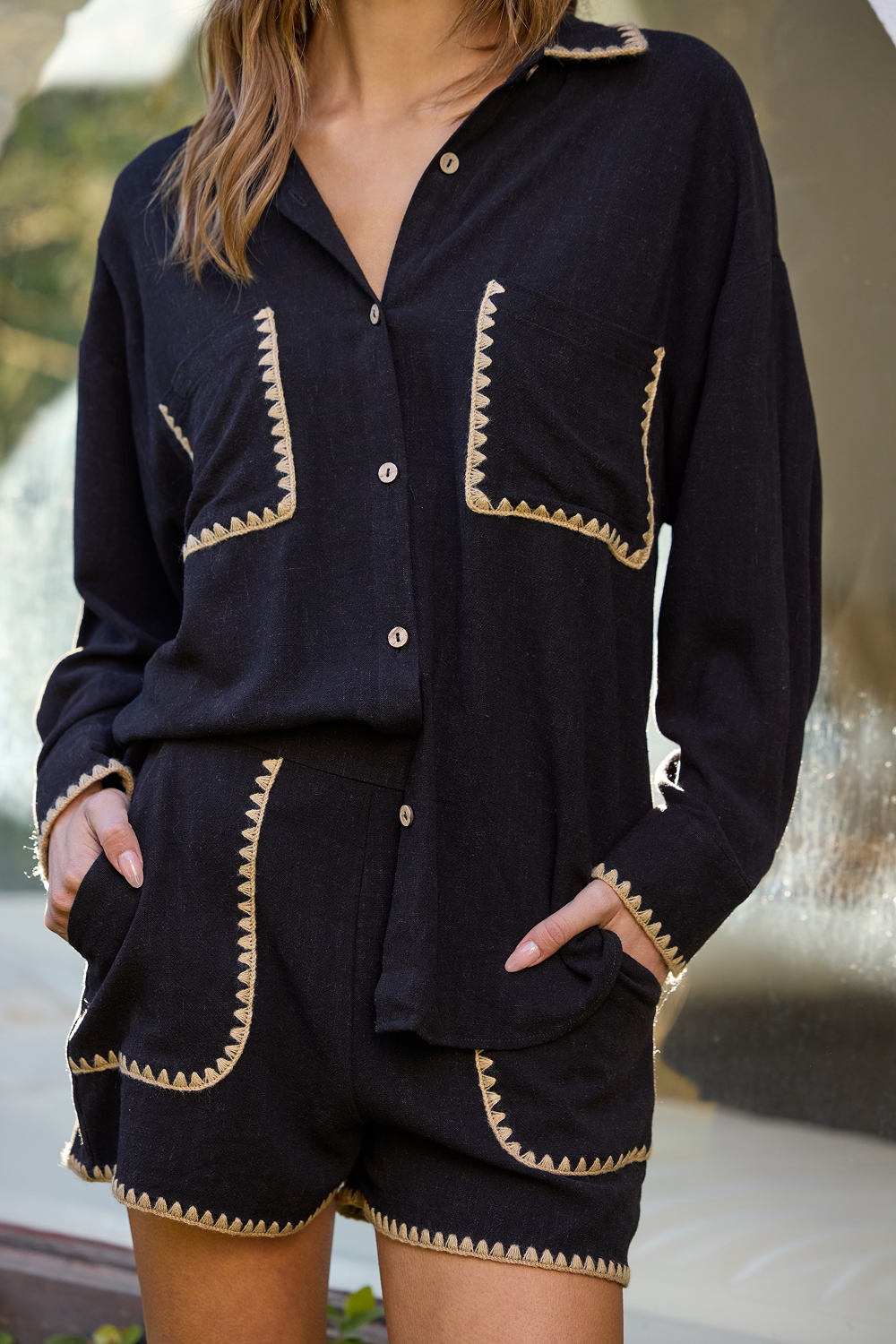 Black Button Up Shirt w/ Tan Whip Stitch