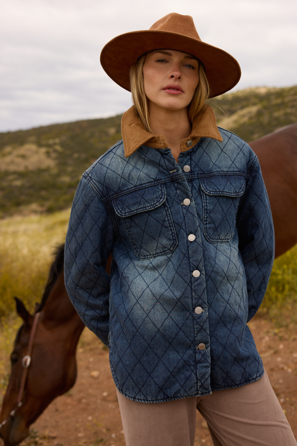 Blue Quilted Denim Jacket w/ Suede Collar