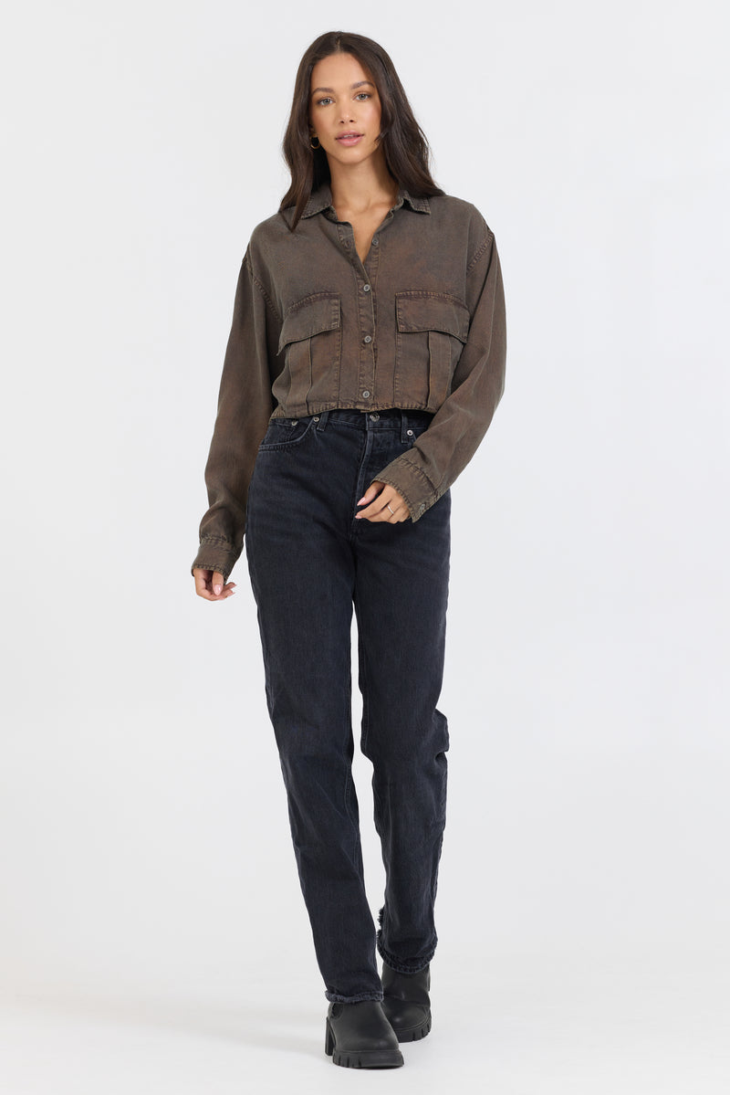 Brown Cropped Pocket Detail Shirt