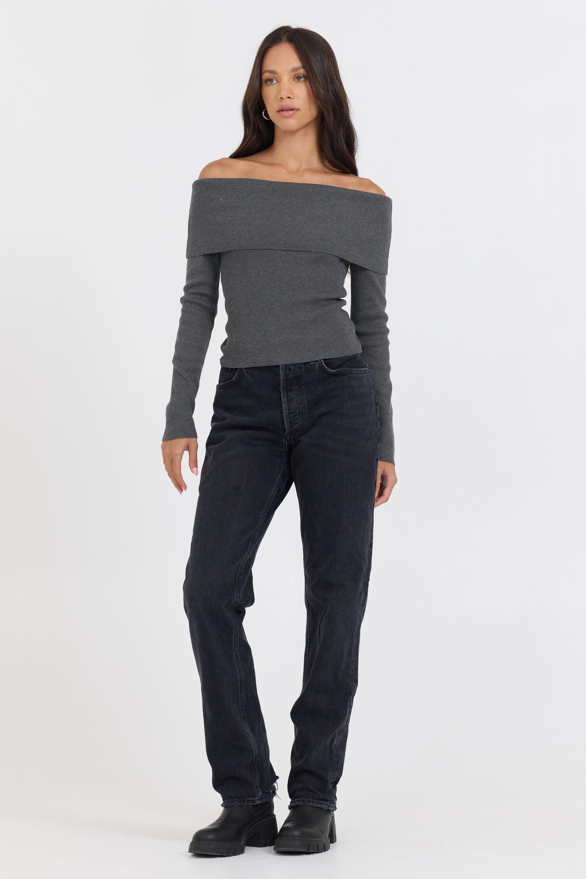 Heather Charcoal Off Shoulder Sweater