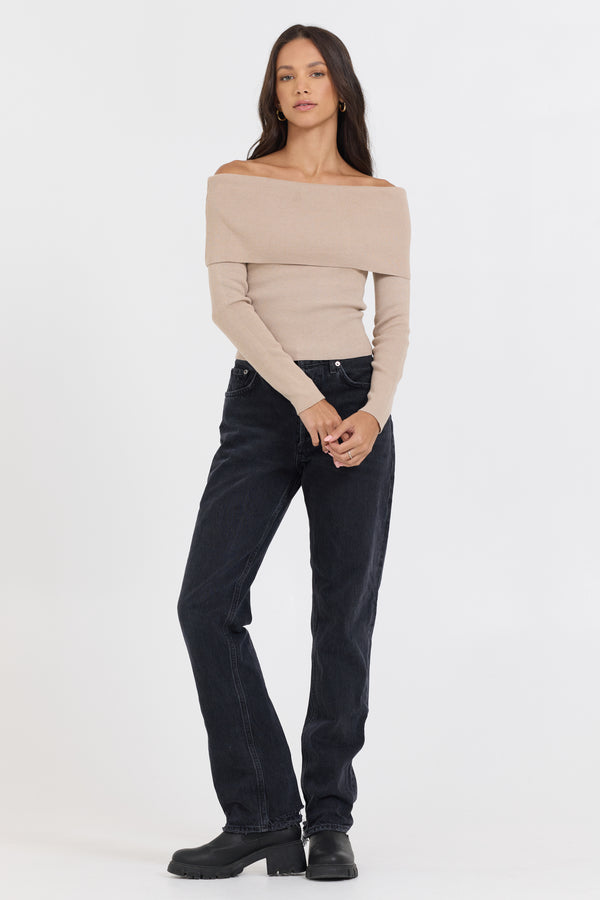 Heather Oatmeal Off Shoulder Sweater