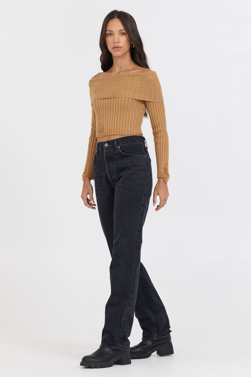 Caramel Distressed Off Shoulder Sweater