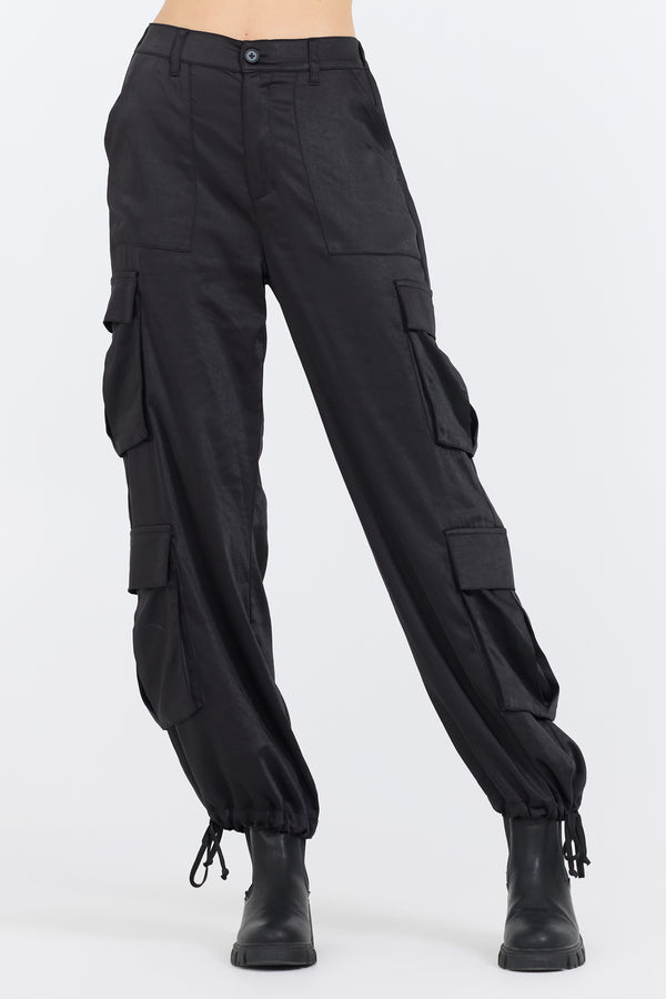 Black Heavy Satin Cargo Pants