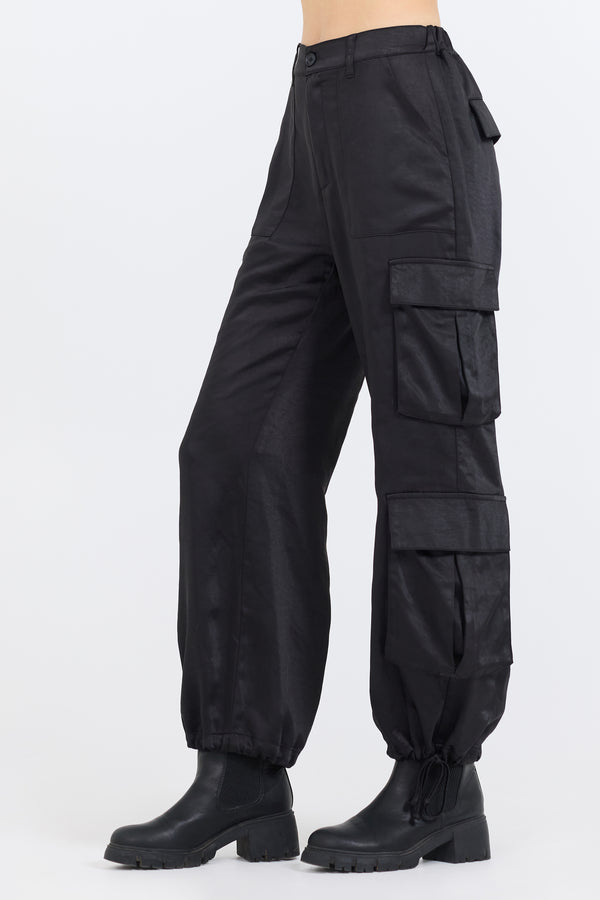 Black Heavy Satin Cargo Pants