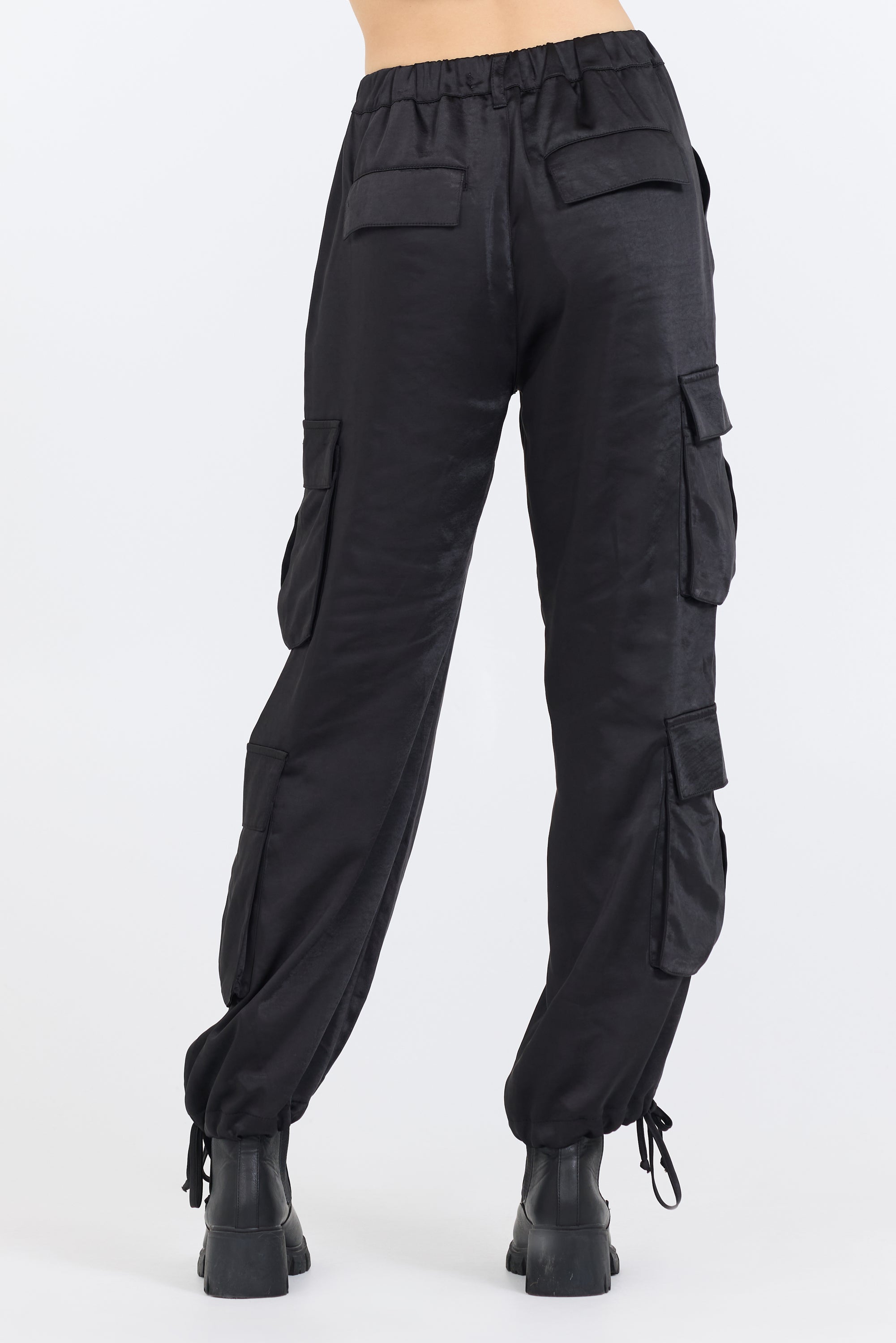 Black Heavy Satin Cargo Pants