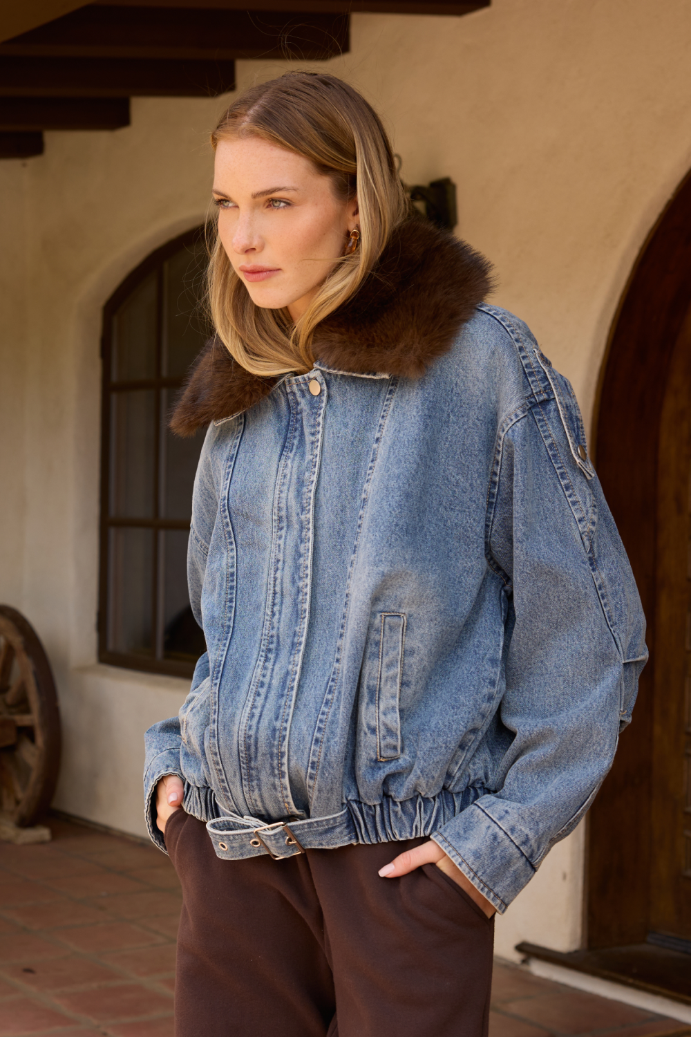 Denim Jacket with Removable Fur Collar