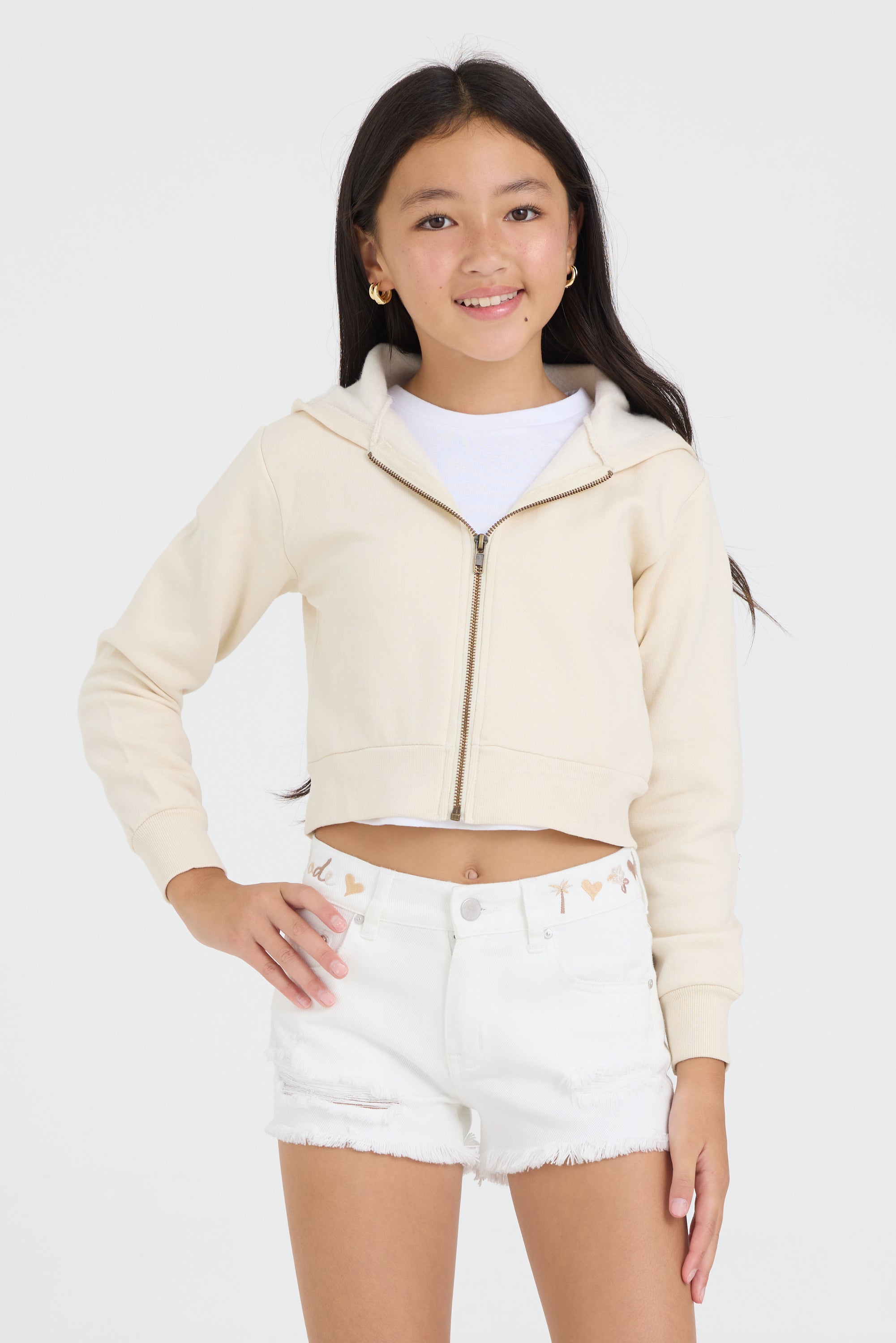 Kids White Denim Short with Embroidered Waist