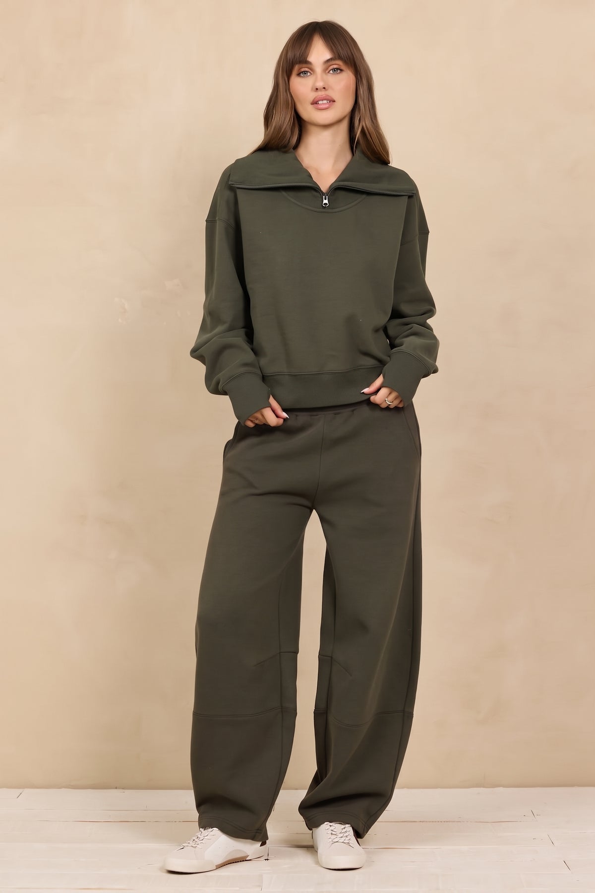 Soft Surf Wash Zippered Mockneck 2-Piece Set in Army Olive