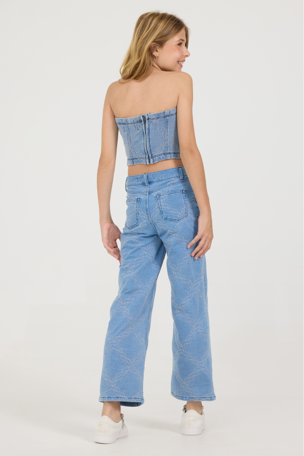 Kids Denim Blue Rope Stitch Wide Leg Pant
