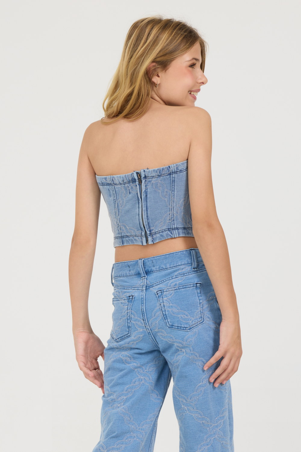 Kids Denim Blue Rope Stitch Strapless Bodice Top