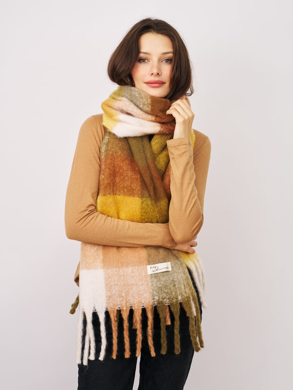 CHECK BRUSH TASSEL SCARF - YELLOW