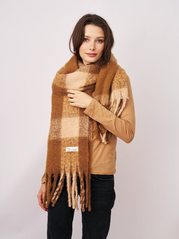 CHECK TASSEL SCARF - TAN