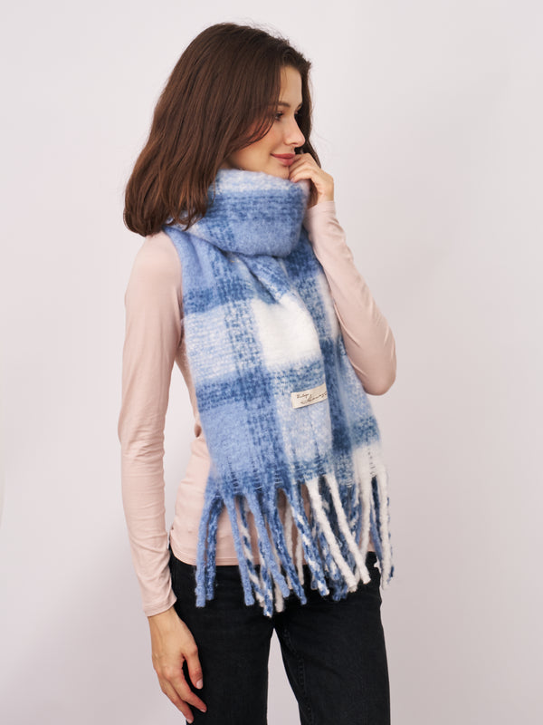 CHECK TASSEL SCARF - BLUE