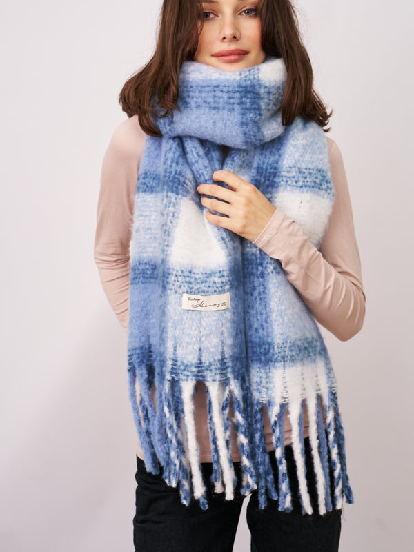 CHECK TASSEL SCARF - BLUE