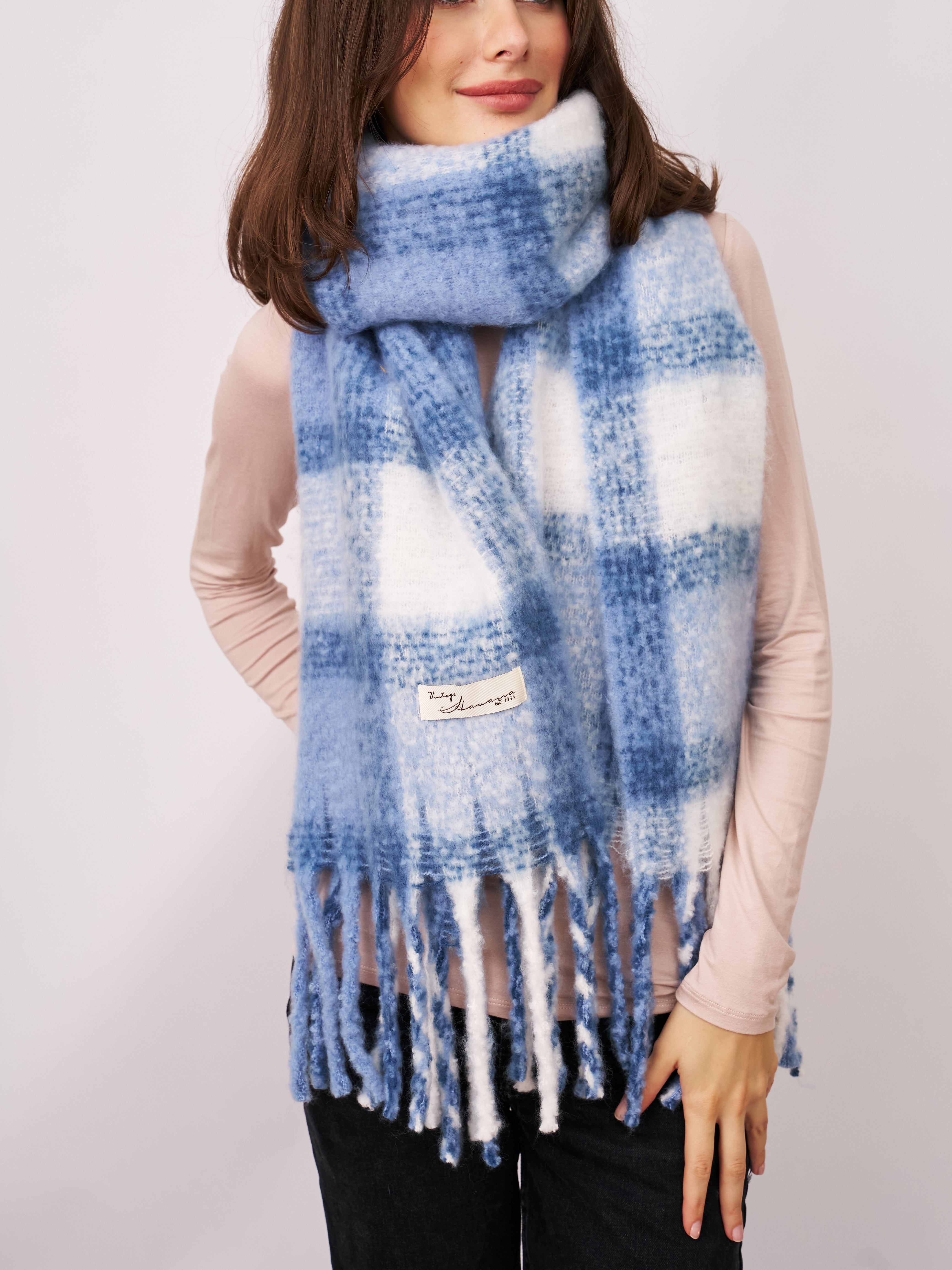 CHECK TASSEL SCARF - BLUE