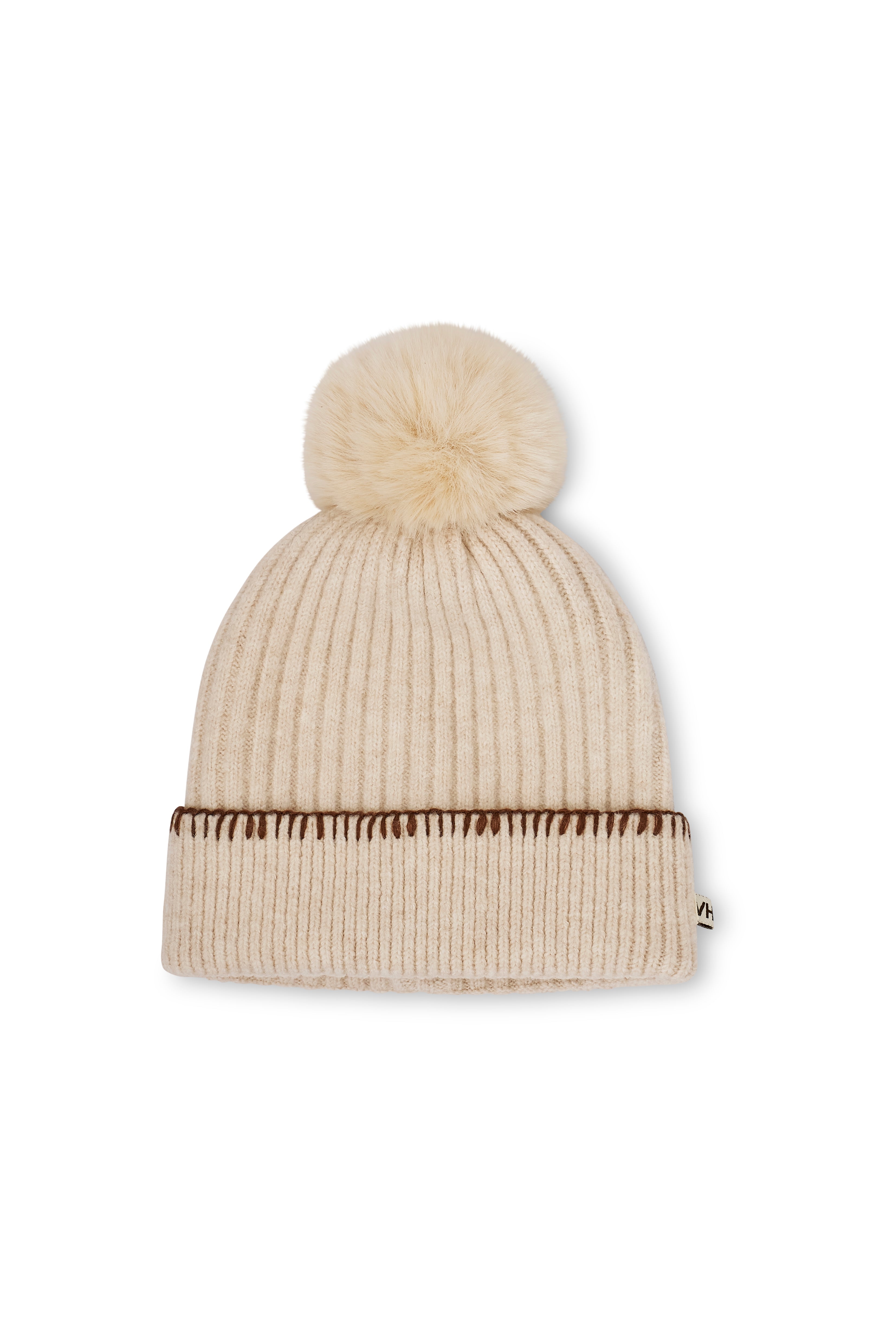 RIBBED POMPOM BEANIE - IVORY/TAN