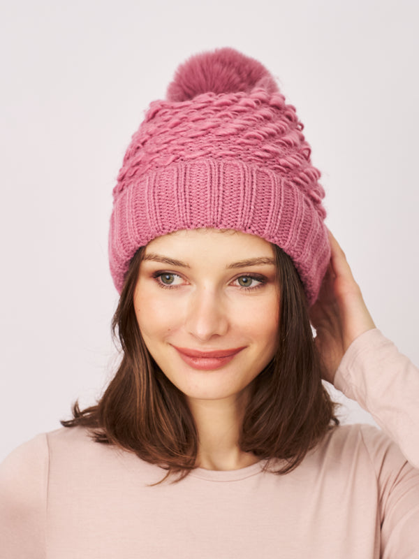 TURN UP POMPOM HAT - BLUSH