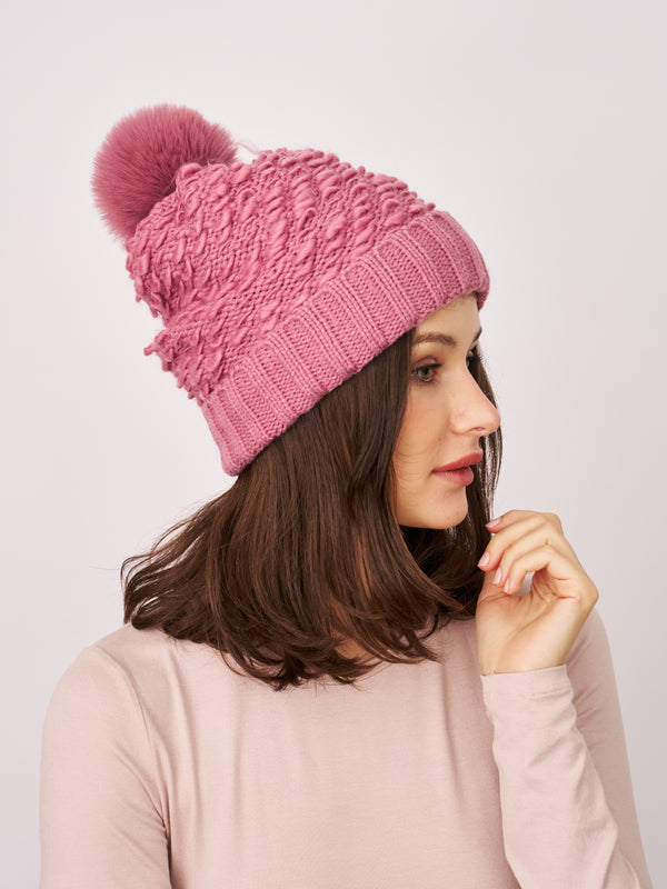 TURN UP POMPOM HAT - BLUSH