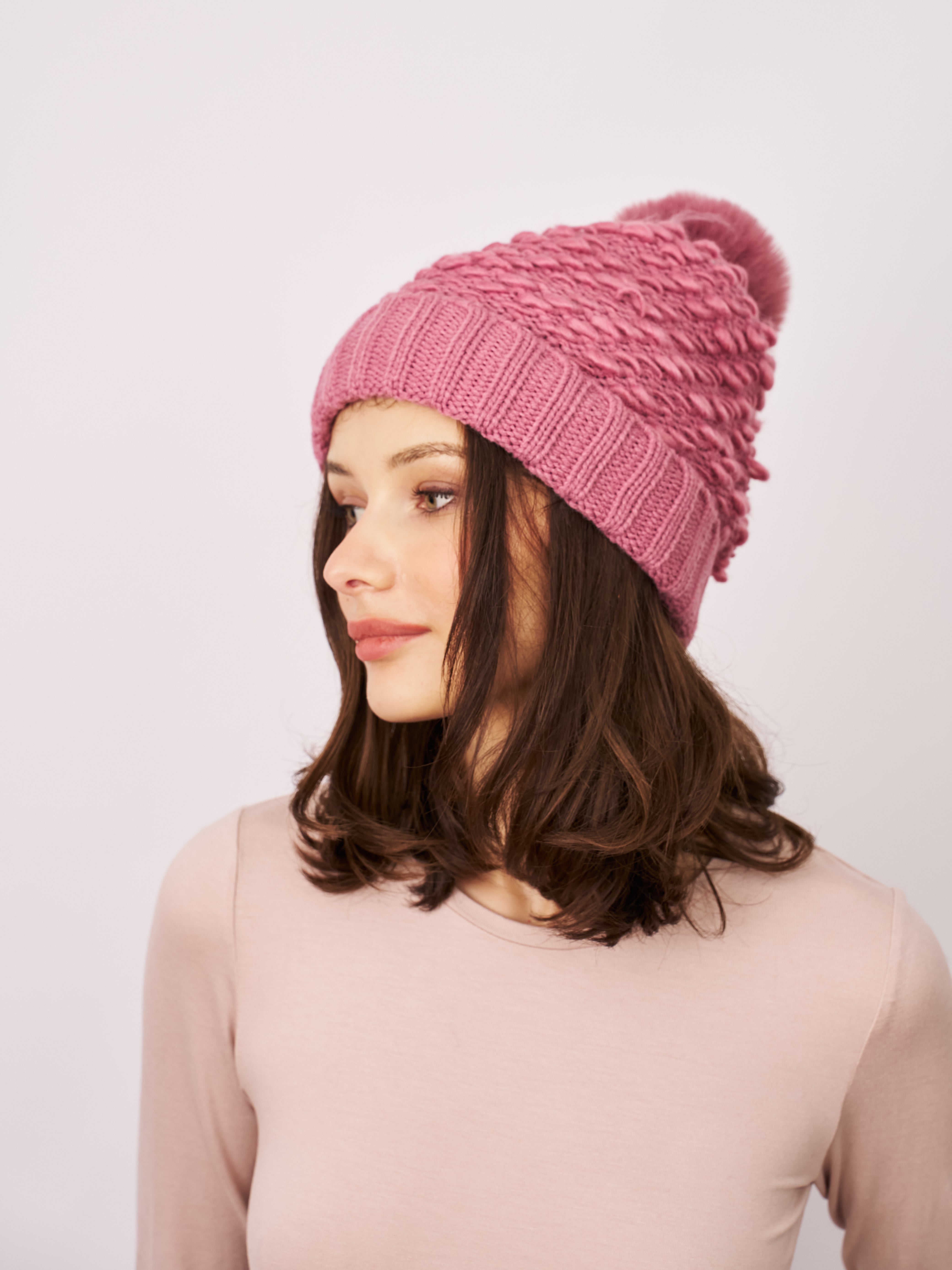 TURN UP POMPOM HAT - BLUSH