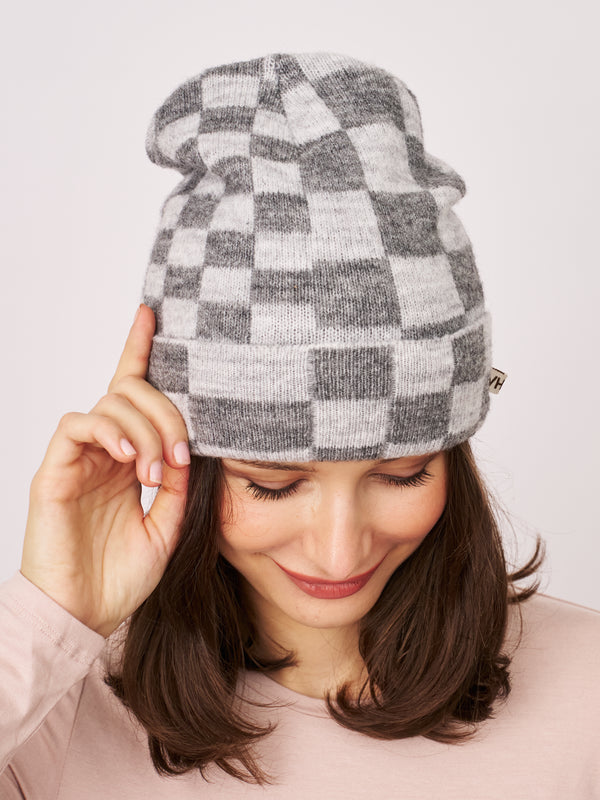 CHECK PATTERN BEANIE - GREY