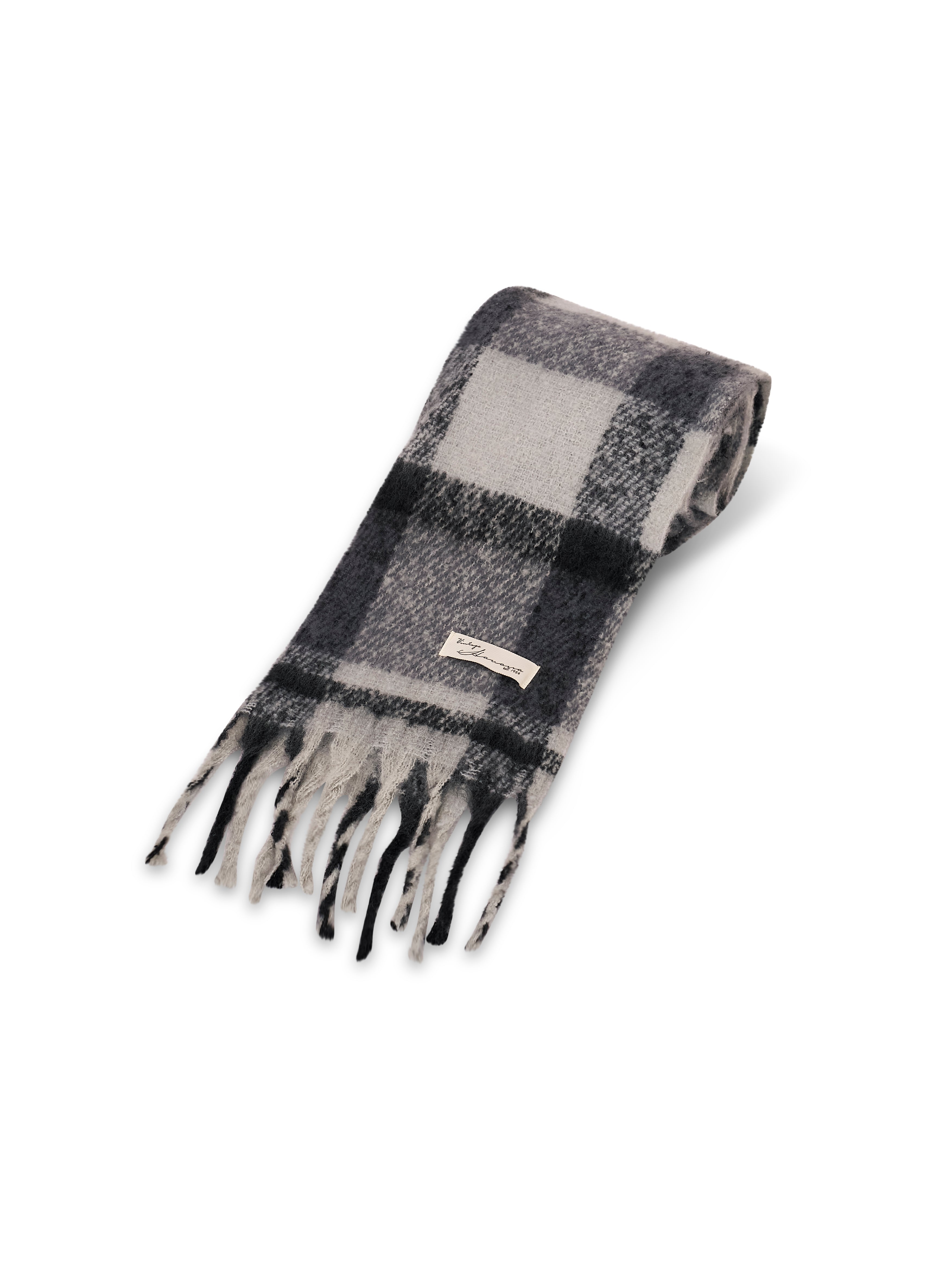CHECK BRUSH TASSEL SCARF - BLACK