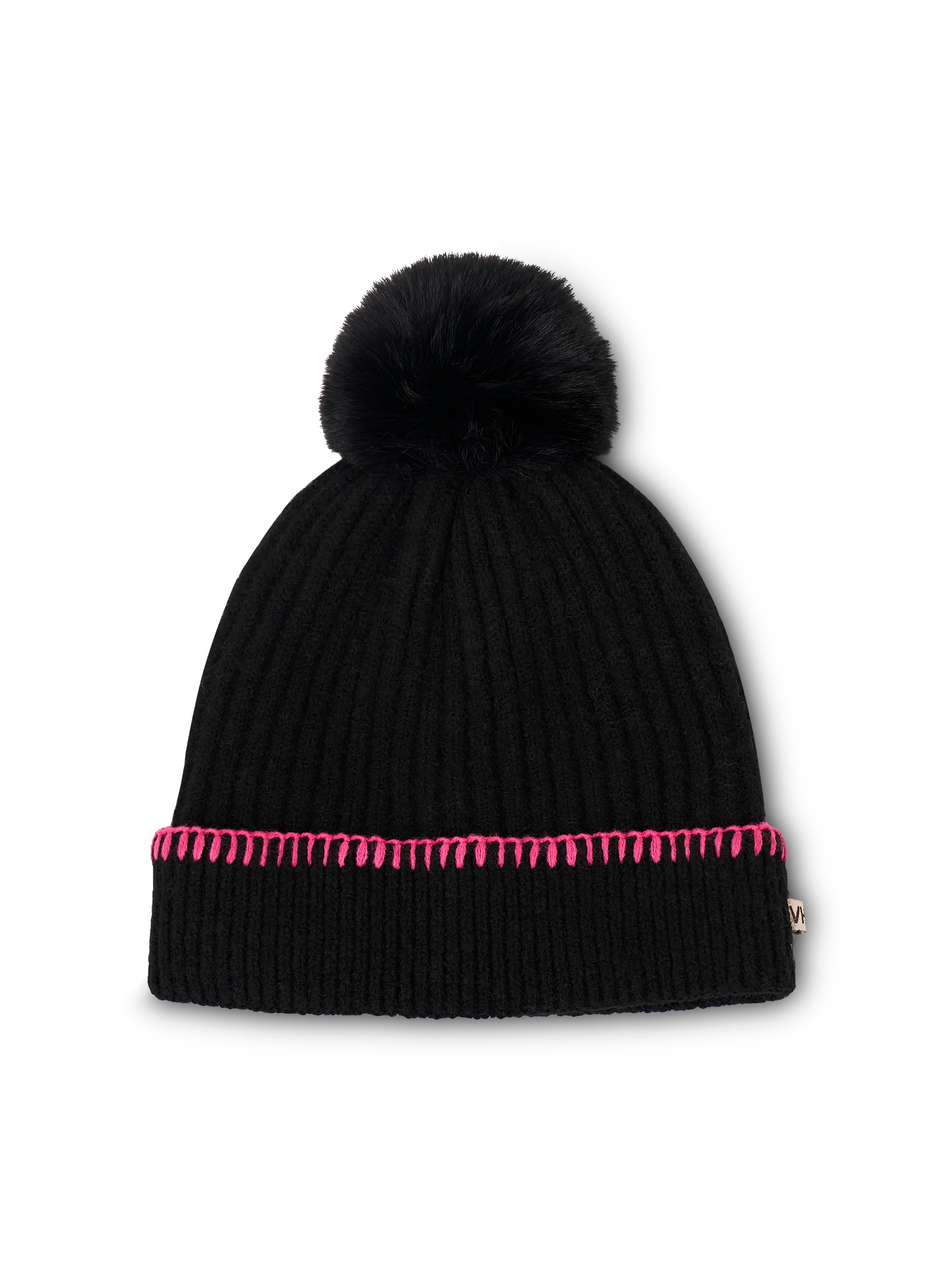 RIBBED POMPOM BEANIE - BLACK/PINK