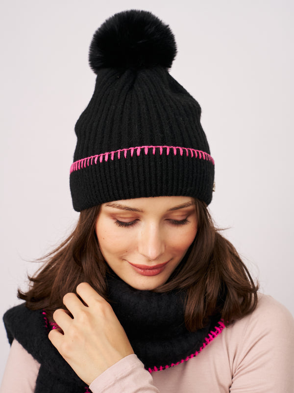 RIBBED POMPOM BEANIE - BLACK/PINK