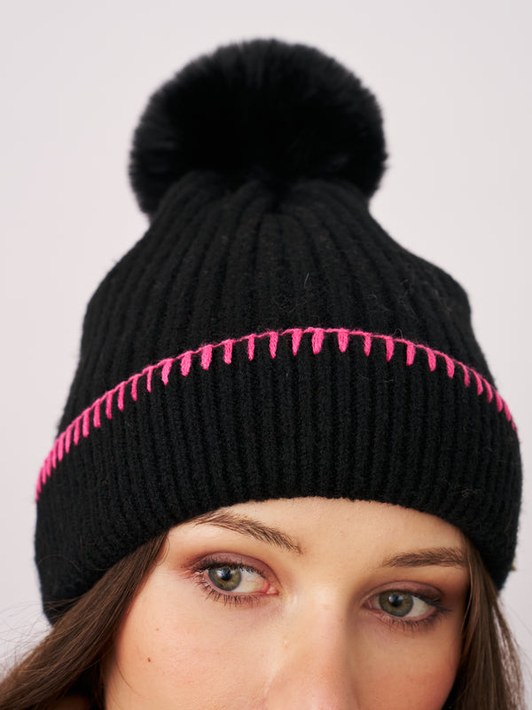 RIBBED POMPOM BEANIE - BLACK/PINK