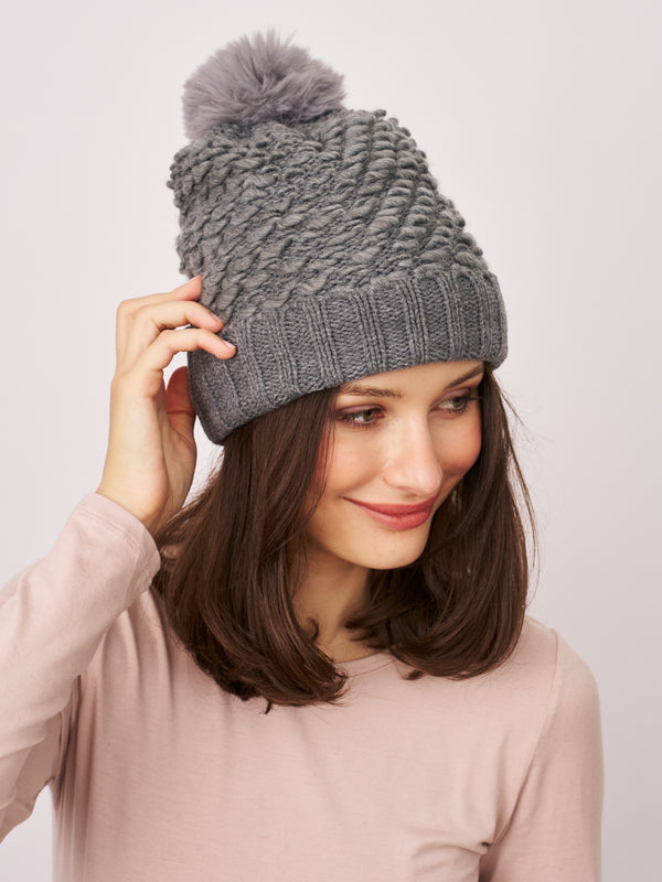 TURN UP POMPOM HAT - GREY