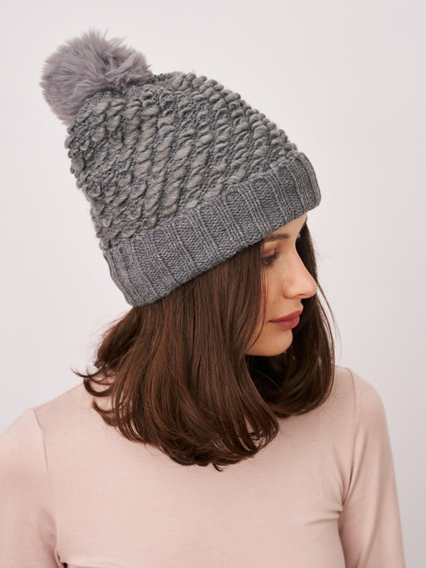 TURN UP POMPOM HAT - GREY