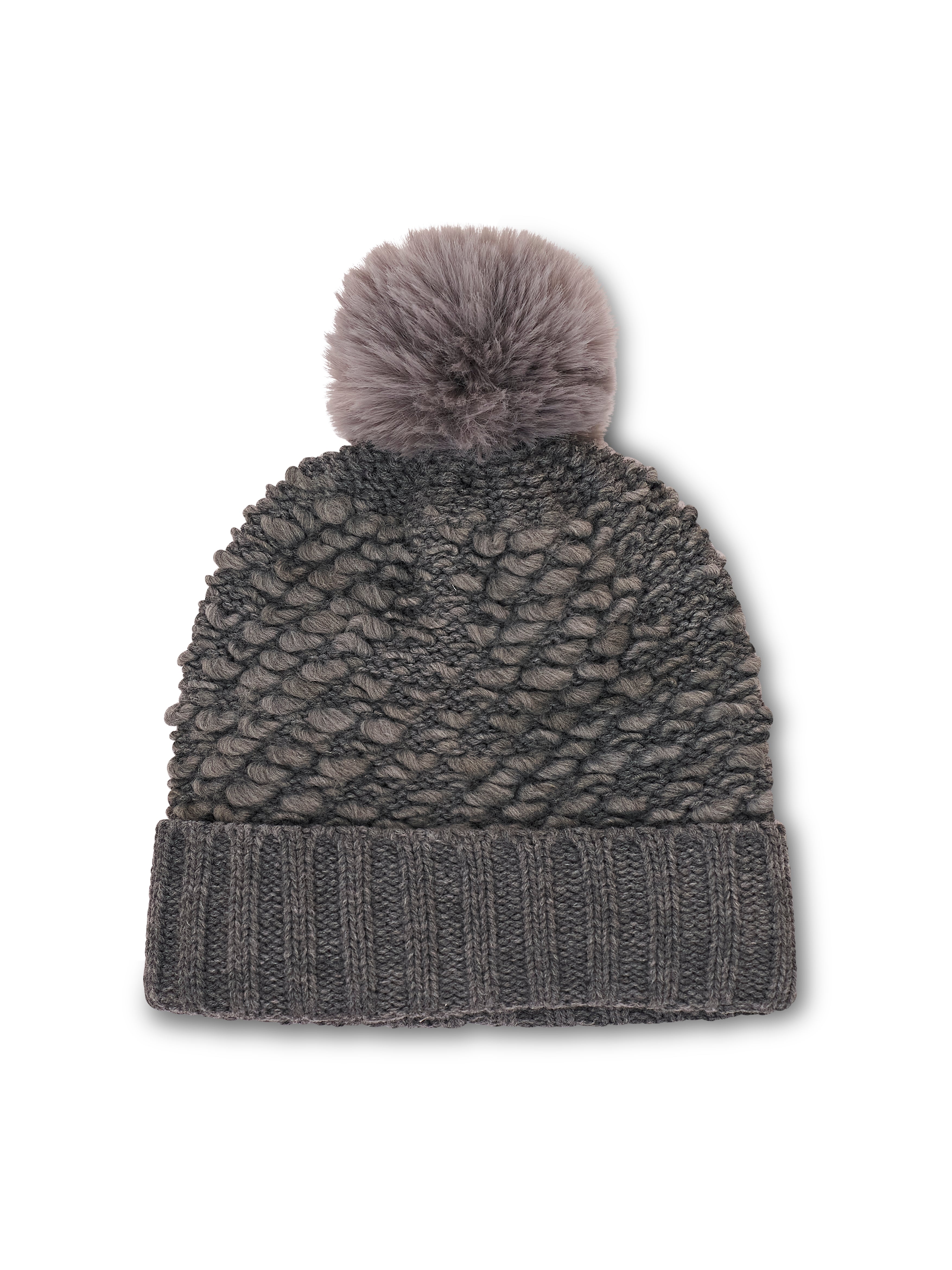TURN UP POMPOM HAT - GREY